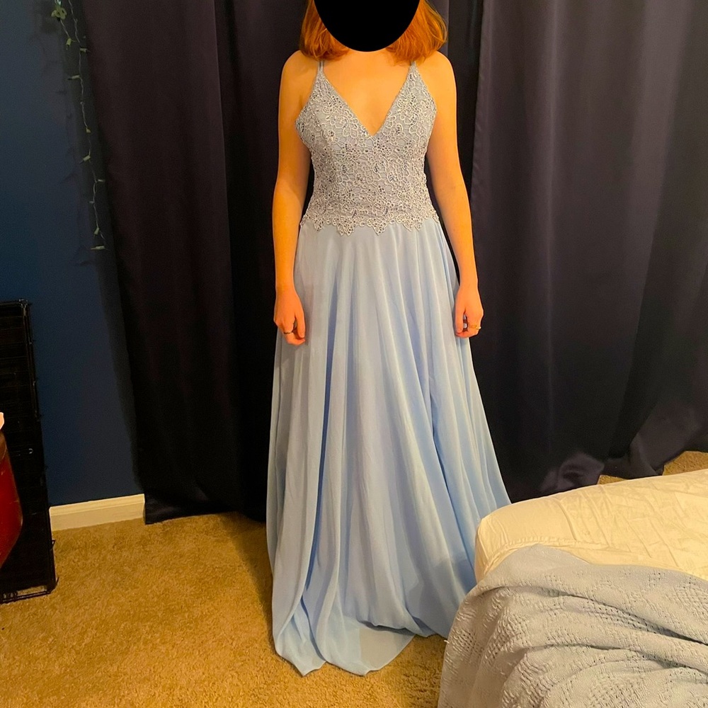 Alyce Light Blue Prom Dress Sz. 4. Like new. Lace/jeweled detail on top. Slit.